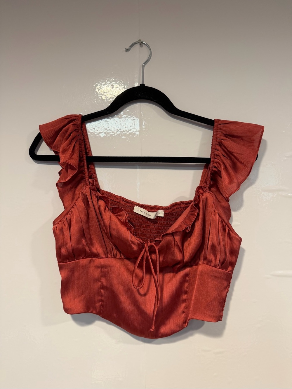 Rust Red Altar’d State Ruffled Satin Crop Top